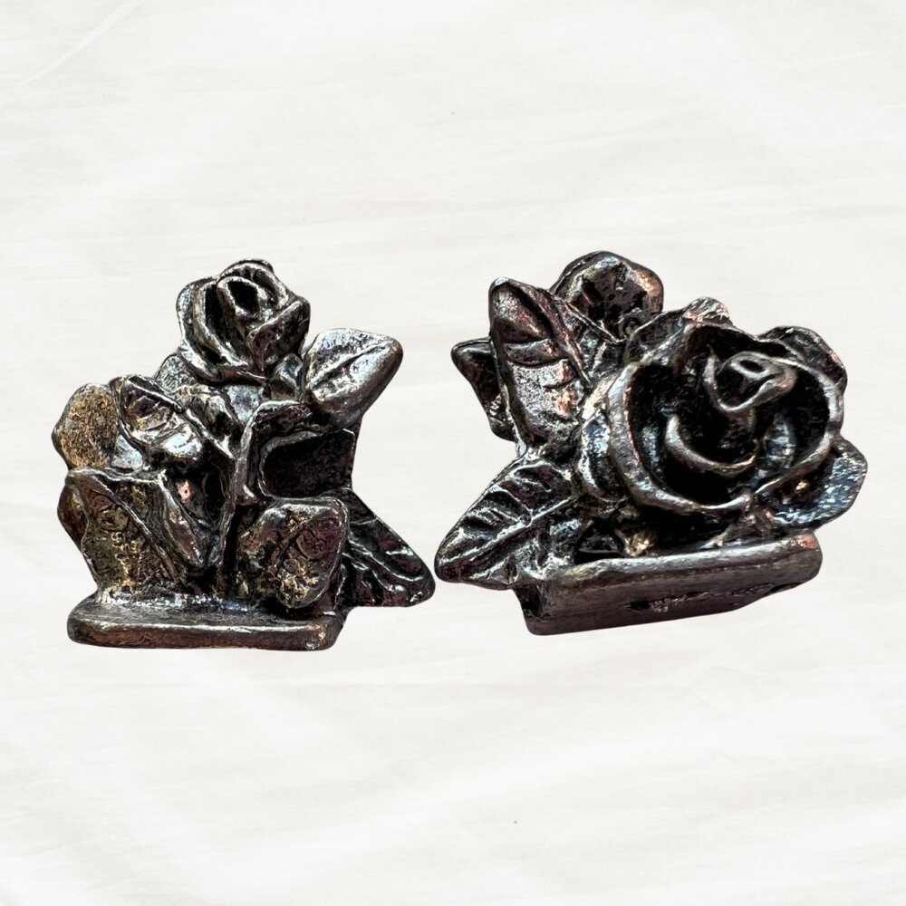 Vintage Lot of 2 Miniature Antiqued Pewter Rose Card Holders Designed by Metzke
